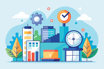 Obraz premium A city skyline featuring a prominent clock tower surrounded by buildings and streets, realistic business, Simple and minimalist flat Vector Illustration