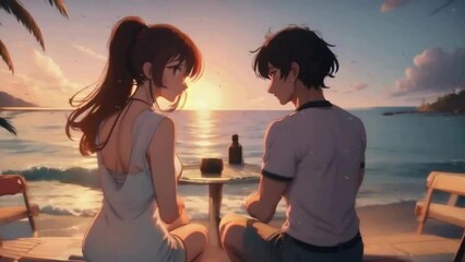 Couple Lofi anime looping animation. romantic glow, a chill anime lo-fi hip hop vibe Lofi animation. Seamless loop. motion graphics, hand-drawn anime, Japanese anime