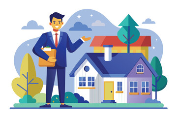 A man is standing in front of a house, Realtor offer homes to buyers, Simple and minimalist flat Vector Illustration - obrazy, fototapety, plakaty