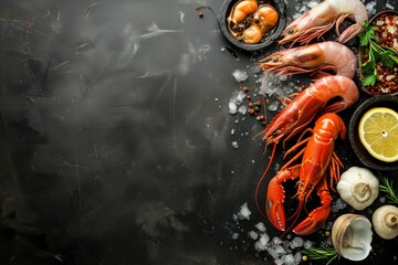 Seafood crayfish, shrimps, mussels, clams with spices and herbs on dark background with space for text