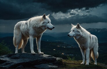 Midnight Majesty: White Wolves on Mountain - obrazy, fototapety, plakaty