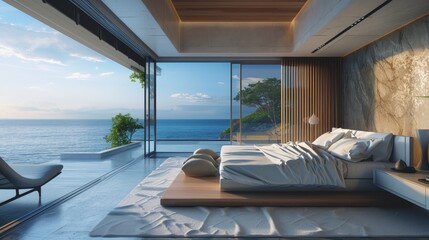Fototapeta premium A large bedroom with a view of the ocean. The bed is made with white sheets and pillows
