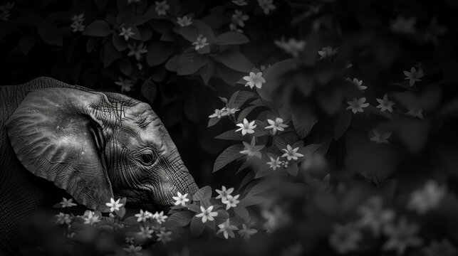   A black-and-white image of an elephant in a tree, surrounded by white flowers in the foreground Behind it, another black-and-white photograph of an elephant