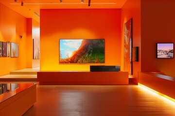 Modern Display Stand in a Bright Orange Art Gallery, Showcased with Precision Lighting for Superb...