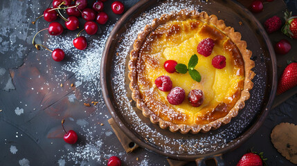 A delicious lemon tart adorned with raspberries and a dusting of icing sugar, presented on a wooden table, ready to be enjoyed.
