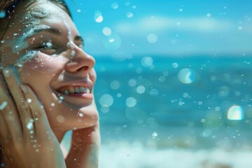 Woman smiling happily while gazing at the water on the beach