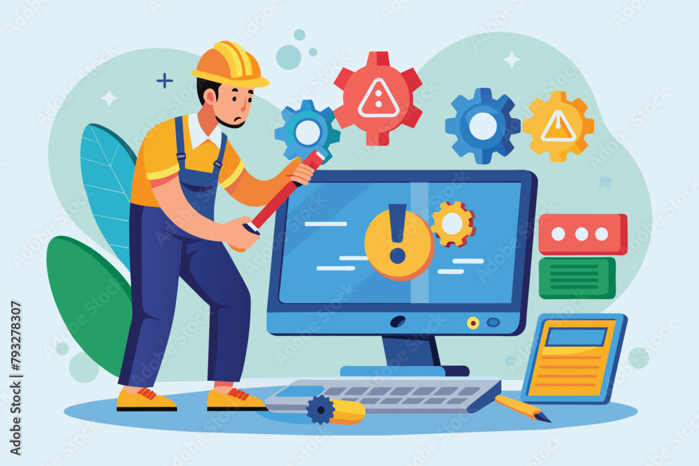 Poster a man is fixing a computer displaying a 404 page not found error using a wrench, repairman fixes com