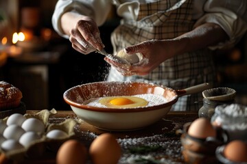 Fototapeta na wymiar baker cracking eggs cooking