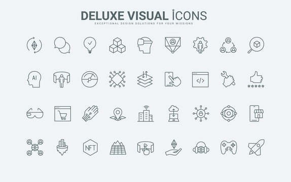 VR glasses for meta world simulation and game, innovation and support in virtual experience, NFT marketplace thin black and red symbols vector illustration. Metaverse, future technology line icons set