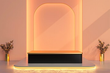 Modern Minimalist Black and Gold Podium Scene in a Peach-Colored Art Gallery, Illuminated for Premium Visual Presentation