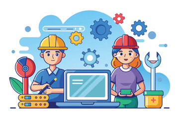 A man and a woman standing side by side, looking at a laptop screen in a room, Repair services with technical and laptop support technicians, Simple and minimalist flat Vector Illustration