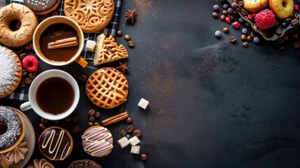 Obraz na płótnie Canvas White coffee with delicious cookie, donuts, cake, sugar, waffles. Hot drink with sweets on dark background. Top view, copy space, banner.