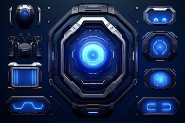 Dark Blue Glowing Designs: Sci-Fi Game UI Elements Collection
