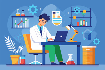 Fototapeta premium A man in a lab coat sitting at a desk, focused on working on a laptop, Researcher analyzing data in the lab, Simple and minimalist flat Vector Illustration