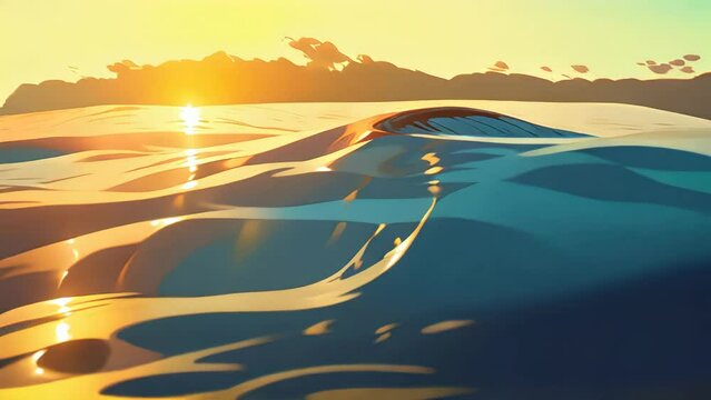Cartoon animation of sea waves, surface level view, silhouetted mountains, golden hour, 4K