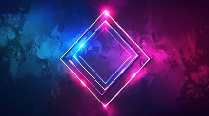 Neon double rhombus frame with shining effects on purple background. Empty glowing techno backdrop. AI generated