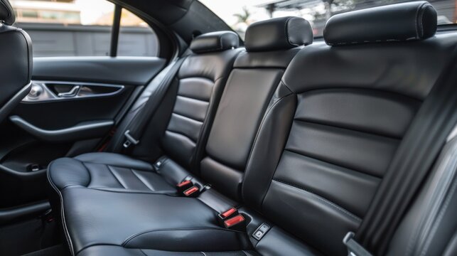 New car inside. Clean car interior. Black back seats in sedan. AI generated