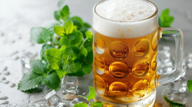 Pint glass with beer, ice, and mint leaves on table