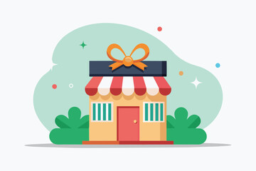 A small building featuring a bow on its roof, Retail giveaway, Simple and minimalist flat Vector Illustration