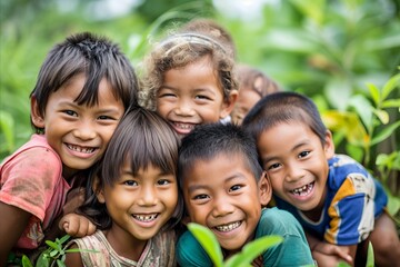 Group of happy asian children smiling and looking at camera in the garden