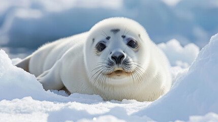 white seal lying on snowy ground with a calm expression. - obrazy, fototapety, plakaty