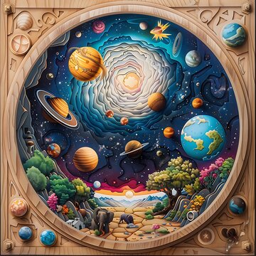 A painting of the solar system with a large sun in the center
