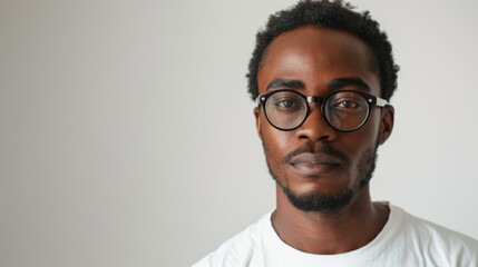 Obraz premium African man with eyeglasses wearing a white t-shirt against a light background.