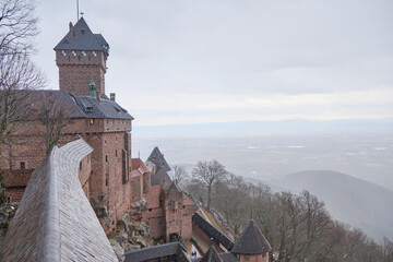 Alsace, December: View from the wall of the Haut-Koenigsbourg castle over the Alsatian panorama and...