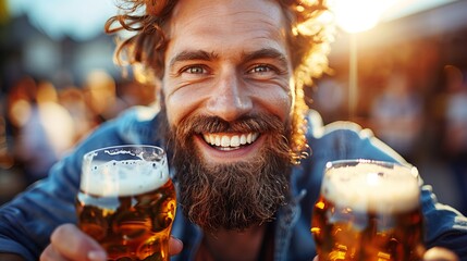 A man with a beard is smiling while holding two beer mugs - obrazy, fototapety, plakaty