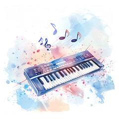 Minimalistic watercolor illustration of a keyboard with musical keys on a white background, cute and comical.