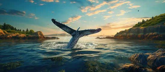 Foto op Plexiglas Photo of a blue whale tail over water in the sea at sunset Generative AI © KRIS