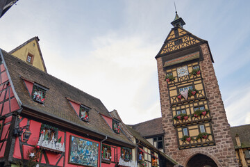 Riquewihr, France: Picturesque street with traditional half timbered houses on the Alsace Wine...