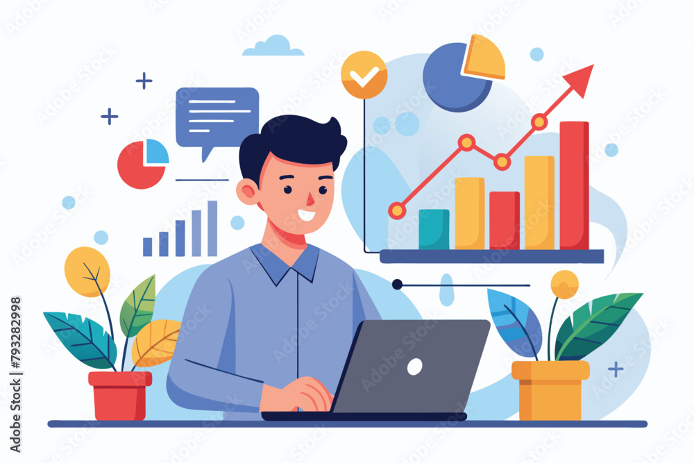 Canvas Prints A man sits in front of a laptop, focusing on sales growth trade analysis as a business analyst, sales growth trade analysis business analyst, Simple and minimalist flat Vector Illustration