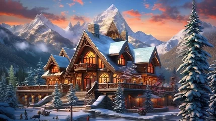 Foto op Plexiglas Immerse yourself in the enchantment of winter with this breathtaking 3D illustration featuring an exquisite winter chalet nestled in a snow - kissed paradise © KRIS