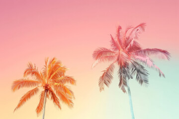 Palm trees on tropical beach in pink and orange colors. Generative AI