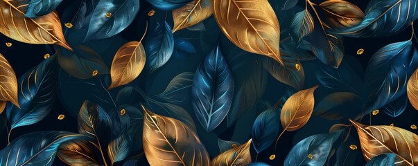 Luxury abstract artistic background. Golden and dark blue leaves. Textured background. Flowers and leaves, plants, wallpapers, posters, cards, hanging decorations, prints. High quality photo - obrazy, fototapety, plakaty
