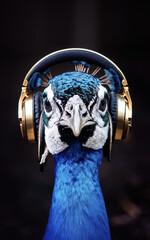 Peacock  listening to music through headphones