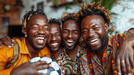 Happy men laughing and sharing a soccer ball at a fun event - obrazy, fototapety, plakaty