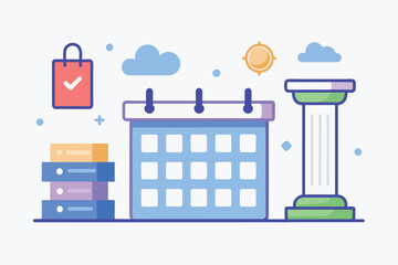 A blue and white building featuring a clock atop it, Schedule column icon set, Simple and minimalist flat Vector Illustration