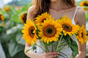 Obraz na płótnie Canvas Young woman holds a bouquet of sunflowers. Generative AI