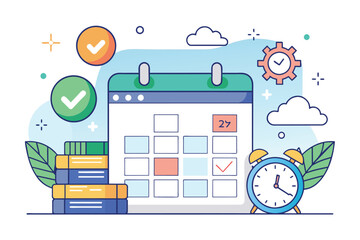 A calendar, clock, and stacks of books arranged neatly on a surface, Schedule management, Simple and minimalist flat Vector Illustration