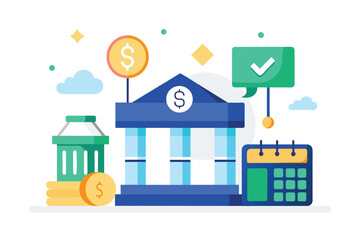 A building structure with a check mark and a calculator placed next to it, Schedule of cash withdrawals at the bank, Simple and minimalist flat Vector Illustration