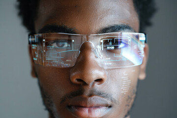 Man wearing modern spectacles with futuristic screen. Virtual technology. Smart glasses and augmented reality concept. Generative AI