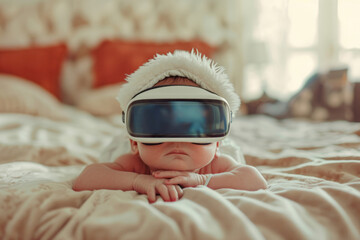 Newborn baby with VR glasses on his head. Generative AI