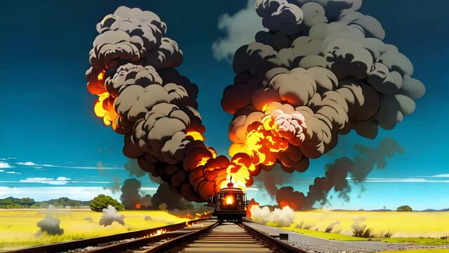Cartoon animation of train on tracks, on fire, roaring flames, billowing smoke, flat landscape, 4K