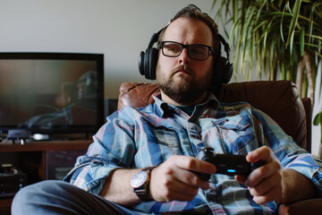 AI Generated Image. Serious man relaxing on a chair and playing video game while wearing headphones