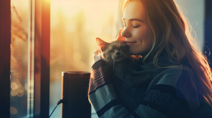 AI Generated Image. Serene blond girl hugging little cat at home. Smart speaker is on a window sill