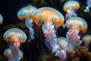 A Group of Jellyfish Swimming in a Tank,
A photo of jellyfish with a blue background

 - obrazy, fototapety, plakaty