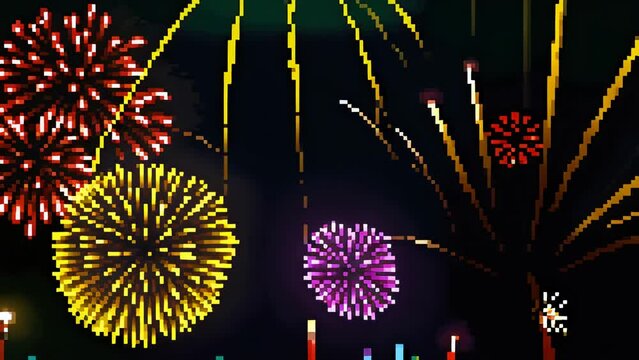 Cartoon animation, multi-colored, dark sky, retro, pixel art style, 4K