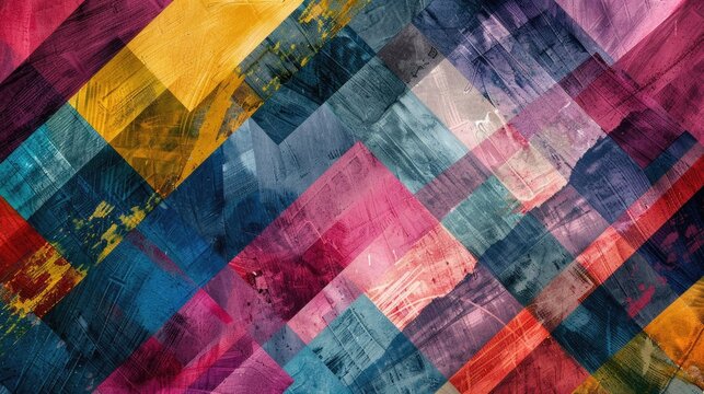 A colorful geometric abstract background with a textured diamond pattern